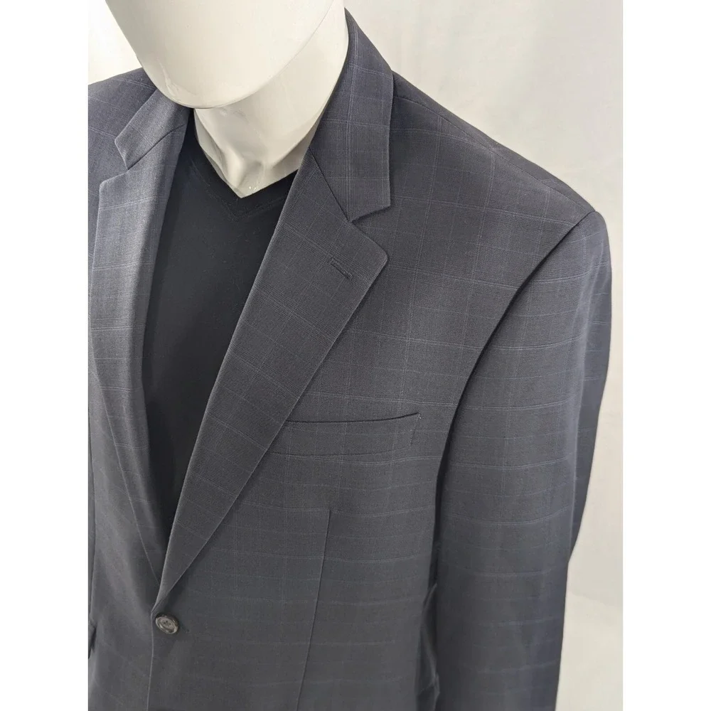 Ralph Lauren Blazer Sports Coat 100% Wool Blue Subtle Plaid Suit Jacket 41L 44